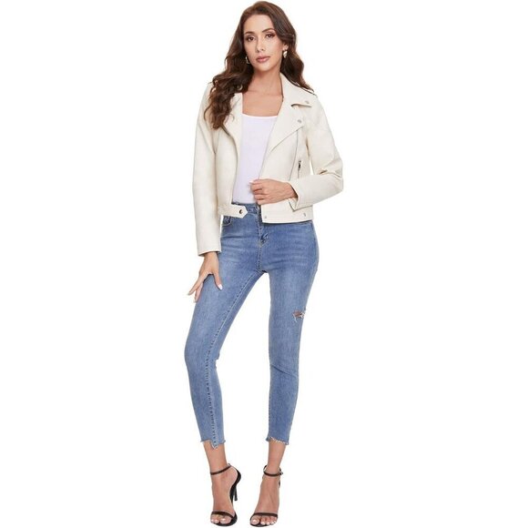 Fahsyee Women's Faux Leather white Jackets, Zip Up Outwear and Short Jackets - Picture 5 of 7